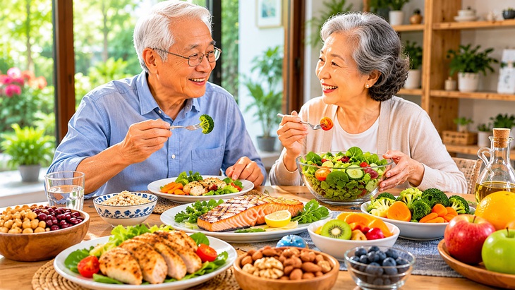 Bữa ăn cân đối với nguồn protein, rau và thực phẩm đa dạng cho người cao tuổi