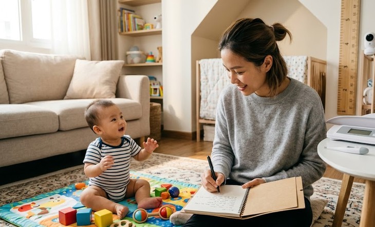 Cha mẹ ghi lại thói quen ăn ngủ, số đo tăng trưởng và thay đổi trong giao tiếp, vận động của trẻ trước buổi khám định kỳ