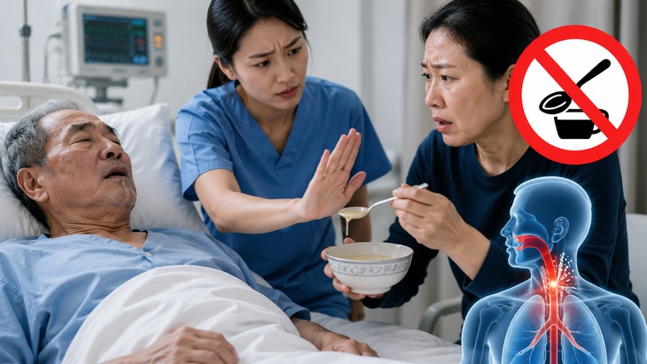 Không nên tự cho bệnh nhân đột quỵ ăn uống khi chưa được đánh giá khả năng nuốt