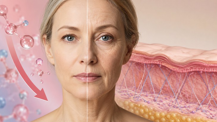 Sự suy giảm estrogen sau mãn kinh khiến quá trình sản xuất collagen chậm lại, làm da mất độ săn chắc và xuất hiện nếp nhăn nhanh hơn