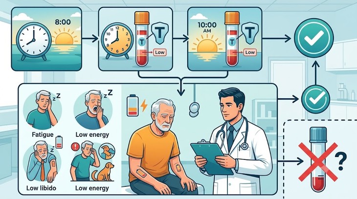 Xét nghiệm testosterone cần được thực hiện ít nhất hai lần vào buổi sáng kết hợp với đánh giá triệu chứng