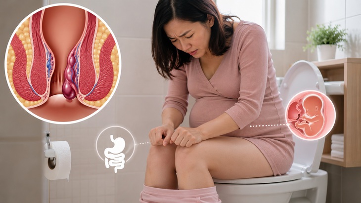 Minh họa nguyên nhân gây trĩ thai kỳ: táo bón, áp lực tử cung và thói quen rặn khi đi ngoài
