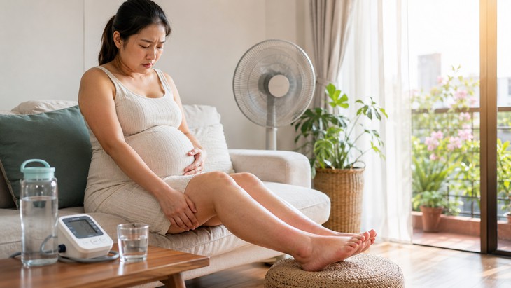 Nắng 40°C và hiện tượng phù chân ở thai phụ: Khi nào cần khám ngay? 1 - Thai phụ phù chân ngày nắng 40 độ C cần theo dõi huyết áp, đau đầu, hoa mắt và thai máy